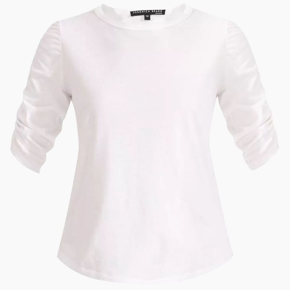 New Veronica Beard Waldorf Ruched-Sleeve T-Shirt Size XS in White (Flawed)